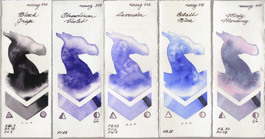 Rosa Gallery 747 Black Grape vs Roman Szmal Aquarius 377 Strontium Violet vs 742 Lavender vs 716 Cobalt Blue vs 415 Misty Morning watercolor swatch