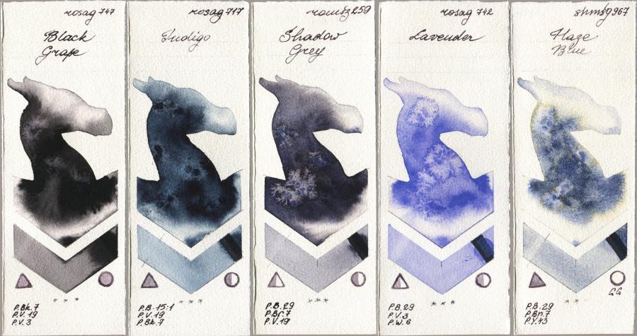 Rosa Gallery 747 Black Grape vs 717 Indigo vs Roman Szmal Aquarius 259 Shadow Grey vs 742 Lavender vs Shminke Horadam Aquarell 967 Haze Blue watercolor swatch