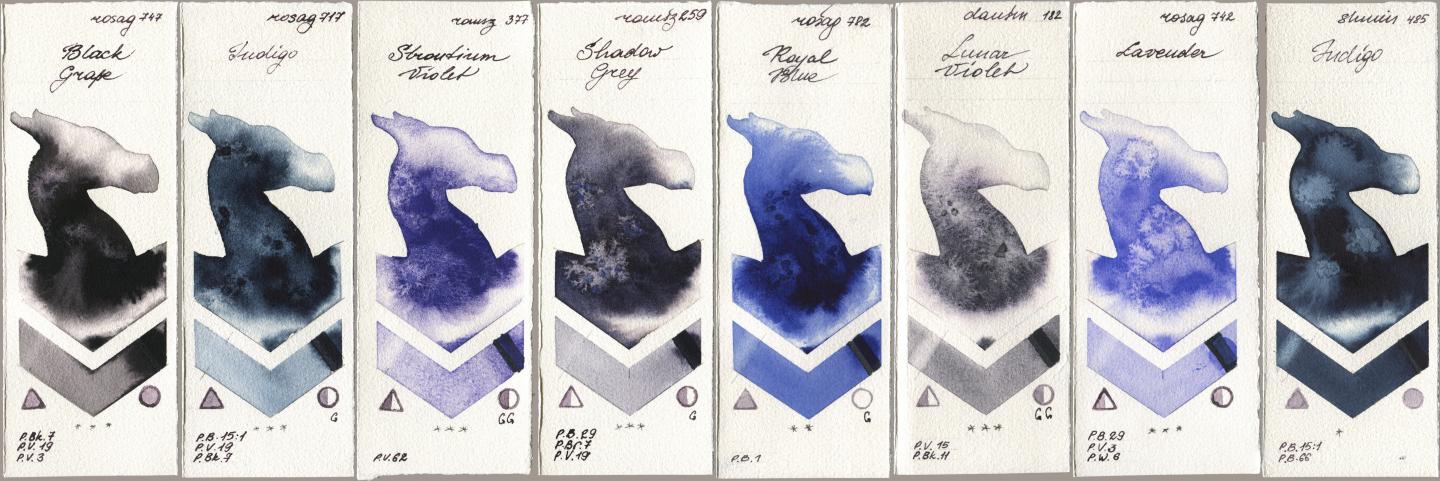 Rosa Gallery 747 Black Grape, 717 Indigo, Roman Szmal Aquarius 377 Strontium Violet, 259 Shadow Grey, 782 Royal Blue, Daniel Smith 182 Lunar Violet, 742 Lavender, Shminke Horadam Aquarell 485 Indi watercolor swatch
