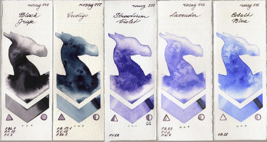 Rosa Gallery 747 Black Grape vs 717 Indigo vs Roman Szmal Aquarius 377 Strontium Violet vs 742 Lavender vs 716 Cobalt Blue watercolor swatch