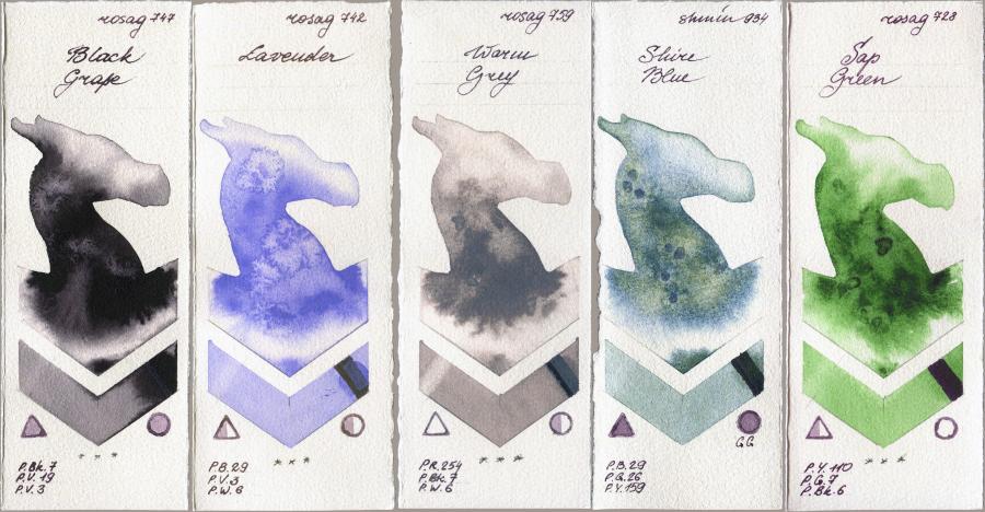 Rosa Gallery 747 Black Grape vs 742 Lavender vs 759 Warm Grey vs Shminke Horadam Aquarell 934 Shire Blue vs 728 Sap Green watercolor swatch