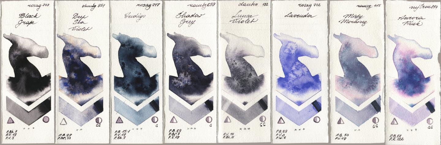 Rosa Gallery 747 Black Grape, Shminke Horadam Aquarell 951 Deep Sea Violet, 717 Indigo, Roman Szmal Aquarius 259 Shadow Grey, Daniel Smith 182 Lunar Violet, 742 Lavender, 415 Misty Morning, Mijello Mission Gold 814 Aurora Pi watercolor swatch