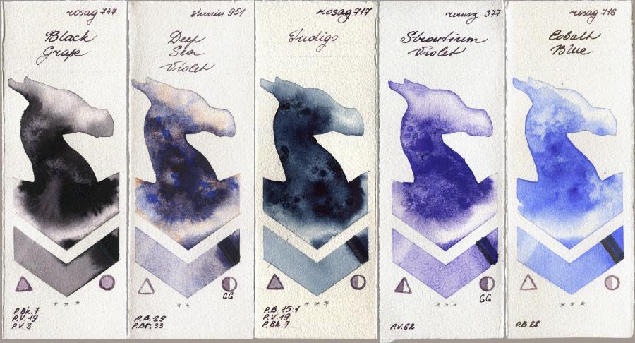 Rosa Gallery 747 Black Grape vs Shminke Horadam Aquarell 951 Deep Sea Violet vs 717 Indigo vs Roman Szmal Aquarius 377 Strontium Violet vs 716 Cobalt Blue watercolor swatch