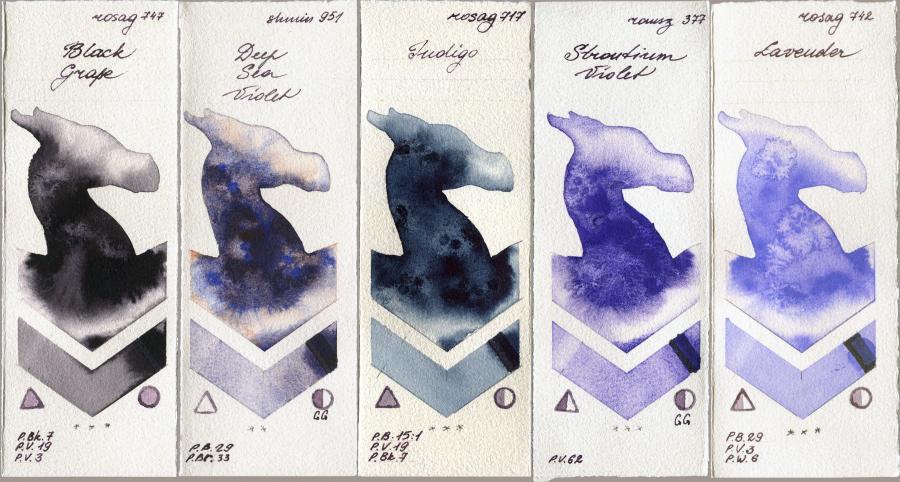 Rosa Gallery 747 Black Grape vs Shminke Horadam Aquarell 951 Deep Sea Violet vs 717 Indigo vs Roman Szmal Aquarius 377 Strontium Violet vs 742 Lavender watercolor swatch