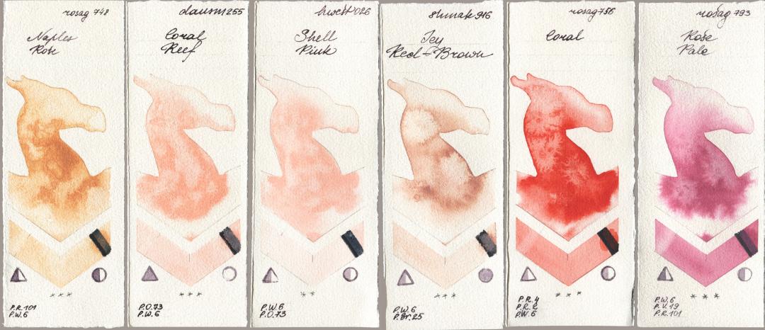 Rosa Gallery 748 Naples Rose, Daniel Smith 255 Coral Reef, Holbein Artists Watercolor 026 Shell Pink, Shminke Akademie Aquarell 916 Icy Red-Brown, 756 Coral, 793 Rose Pa watercolor swatch