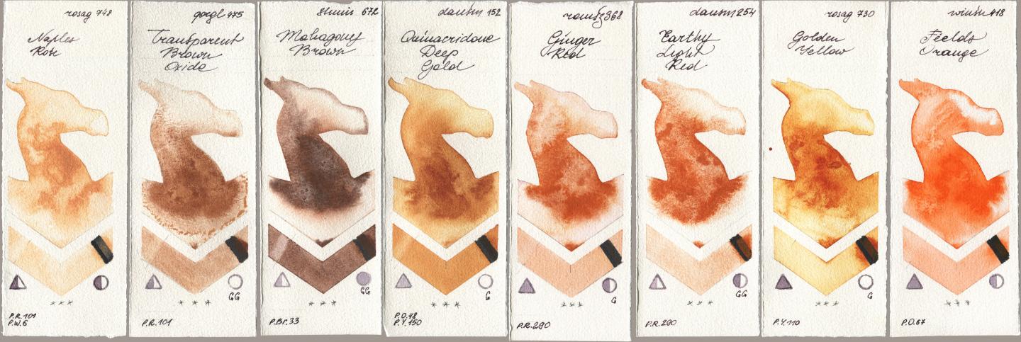 Rosa Gallery 748 Naples Rose, Golden QOR 475 Transparent Brown Oxide, Shminke Horadam Aquarell 672 Mahagony Brown, Daniel Smith 152 Quinacridone Deep Gold, Roman Szmal Aquarius 368 Genger Red, 254 Earthy Light Red, 730 Golden Yellow, Winsor & Newton Professional 418 Fields Oran watercolor swatch