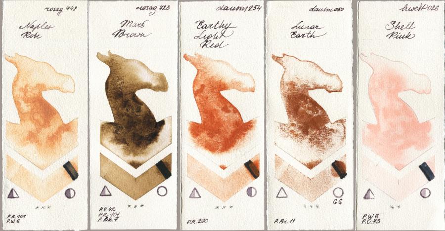 Rosa Gallery 748 Naples Rose vs 723 Mars Brown vs Daniel Smith 254 Earthy Light Red vs 050 Lunar Earth vs Holbein Artists Watercolor 026 Shell Pink watercolor swatch