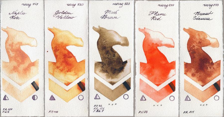 Rosa Gallery 748 Naples Rose vs 730 Golden Yellow vs 723 Mars Brown vs 734 Flame Red vs 733 Burnt Sienna watercolor swatch