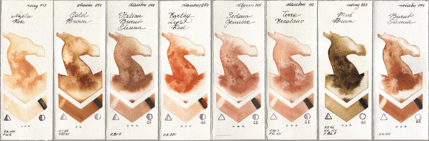 Rosa Gallery 748 Naples Rose, Shminke Horadam Aquarell 654 Gold Brown, Daniel Smith 047 Italian Burnt Sienna, 254 Earthy Light Red, 145 Sedona Genuine, 117 Terre Ercolano, 723 Mars Brown, Winsor & Newton Professional 074 Burnt Sien watercolor swatch