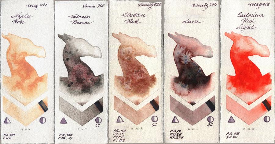 Rosa Gallery 748 Naples Rose vs Shminke Horadam Aquarell 915 Volcano Brown vs 926 Urban Red vs Roman Szmal Aquarius 384 Lava vs 706 Cadmium Red Light watercolor swatch
