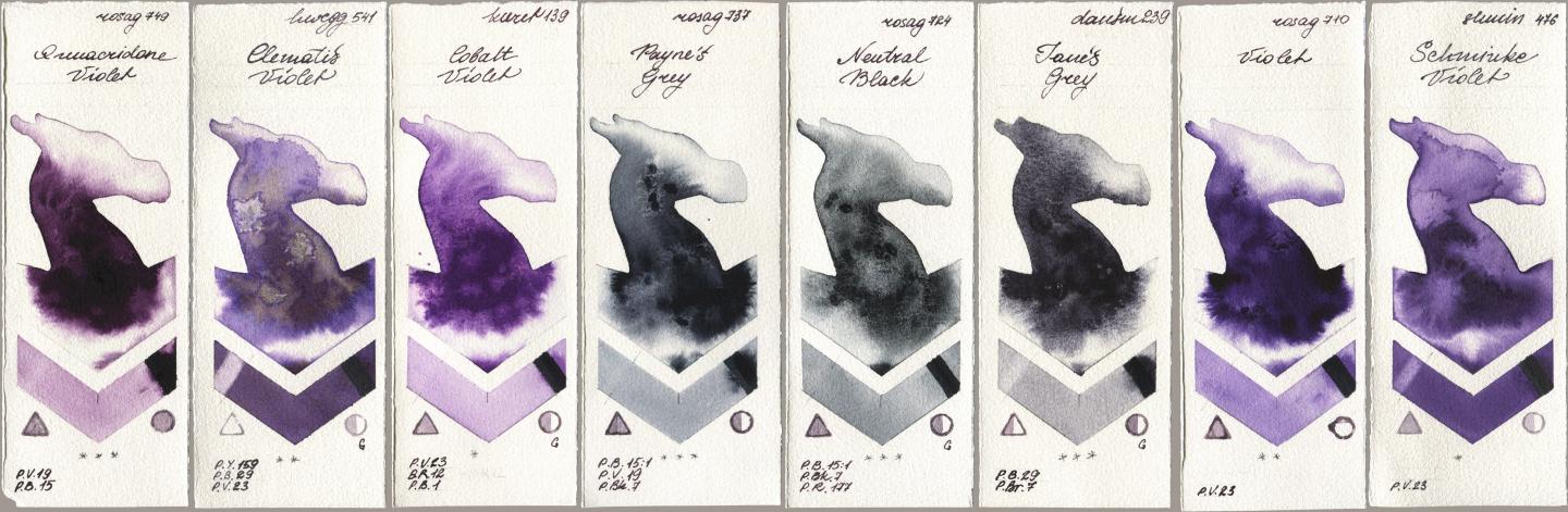 Rosa Gallery 749 Quinacridone Violet, Holbein Artists Watercolor 541 Clematis Violet, Kuretake Gansai Tambi 139 Cobalt Violet, 737 Paynes Grey, 724 Neutral Black, Daniel Smith 239 Janes Grey, 710 Violet, Shminke Horadam Aquarell 476 Schmincke Viol watercolor swatch