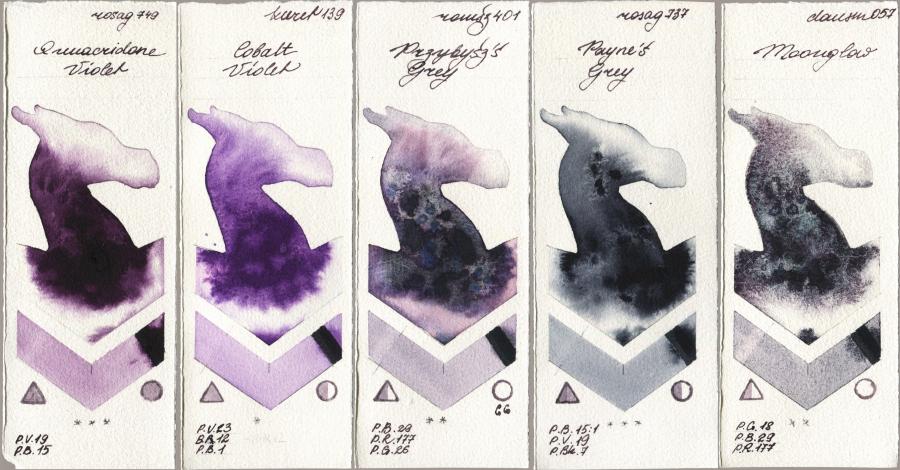 Rosa Gallery 749 Quinacridone Violet vs Kuretake Gansai Tambi 139 Cobalt Violet vs Roman Szmal Aquarius 401 Przybyszs Grey vs 737 Paynes Grey vs Daniel Smith 057 Moonglow watercolor swatch