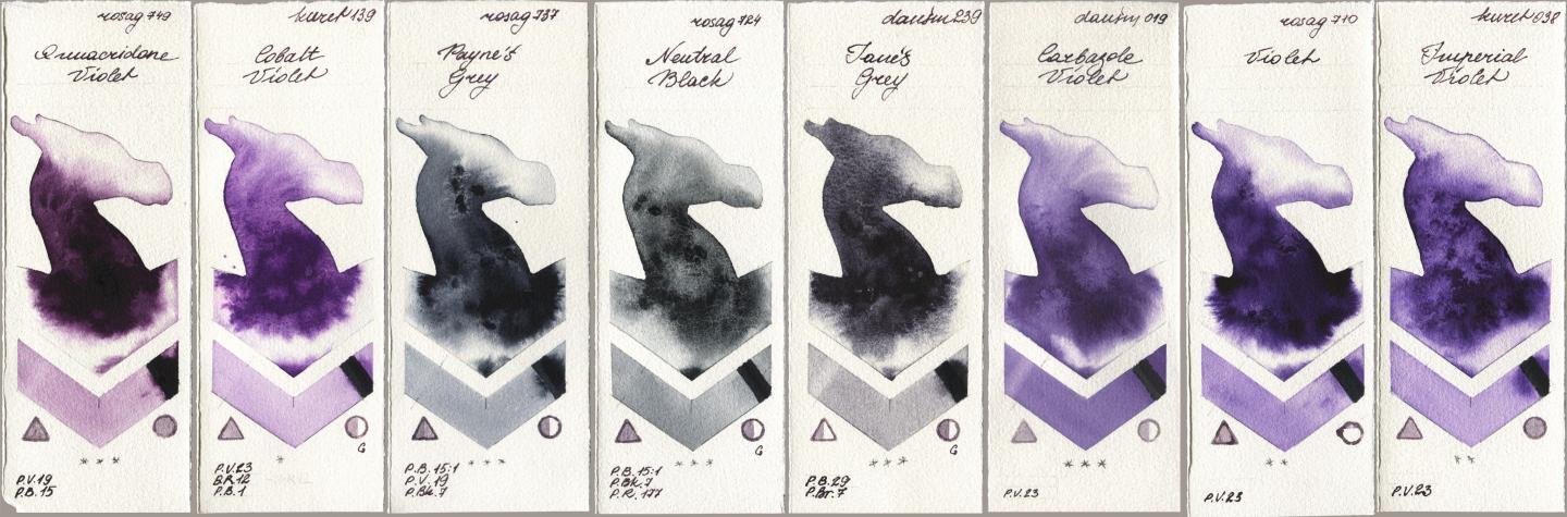Rosa Gallery 749 Quinacridone Violet, Kuretake Gansai Tambi 139 Cobalt Violet, 737 Paynes Grey, 724 Neutral Black, Daniel Smith 239 Janes Grey, 019 Carbazole Violet, 710 Violet, 038 Imperial Viol watercolor swatch