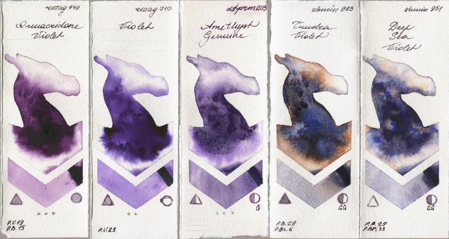 Rosa Gallery 749 Quinacridone Violet vs 710 Violet vs Daniel Smith 203 Amethyst Genuine vs Shminke Horadam Aquarell 983 Tundra Violet vs 951 Deep Sea Violet watercolor swatch