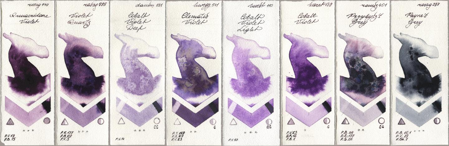 Rosa Gallery 749 Quinacridone Violet, 785 Violet Quartz, Daniel Smith 031 Cobalt Violet Deep, Holbein Artists Watercolor 541 Clematis Violet, 110 Cobalt Violet Light, Kuretake Gansai Tambi 139 Cobalt Violet, Roman Szmal Aquarius 401 Przybyszs Grey, 737 Paynes Gr watercolor swatch