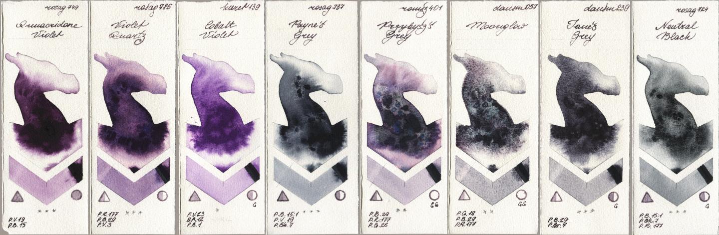 Rosa Gallery 749 Quinacridone Violet, 785 Violet Quartz, Kuretake Gansai Tambi 139 Cobalt Violet, 737 Paynes Grey, Roman Szmal Aquarius 401 Przybyszs Grey, Daniel Smith 057 Moonglow, 239 Janes Grey, 724 Neutral Bla watercolor swatch