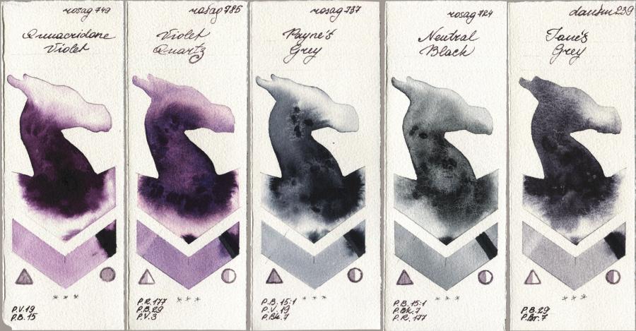 Rosa Gallery 749 Quinacridone Violet vs 785 Violet Quartz vs 737 Paynes Grey vs 724 Neutral Black vs Daniel Smith 239 Janes Grey watercolor swatch