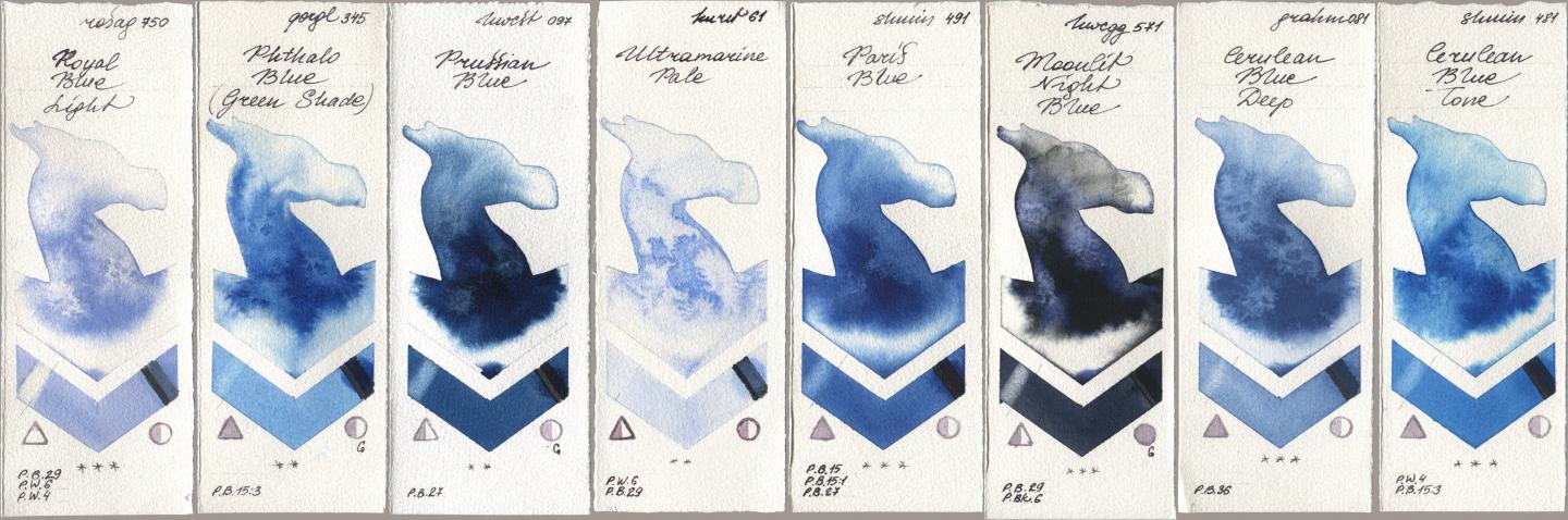 Rosa Gallery 750 Royal Blue Light, Golden QOR 345 Phthalo Blue (Green Shade), Holbein Artists Watercolor 097 Prussian Blue, Kuretake Gansai Tambi 061 Ultramarine Pale, Shminke Horadam Aquarell 491 Paris Blue, 571 Moonlit Night Blue, M. Graham & Co. Artists 081 Cerulean Blue Deep, 481 Cerulean Blue To watercolor swatch