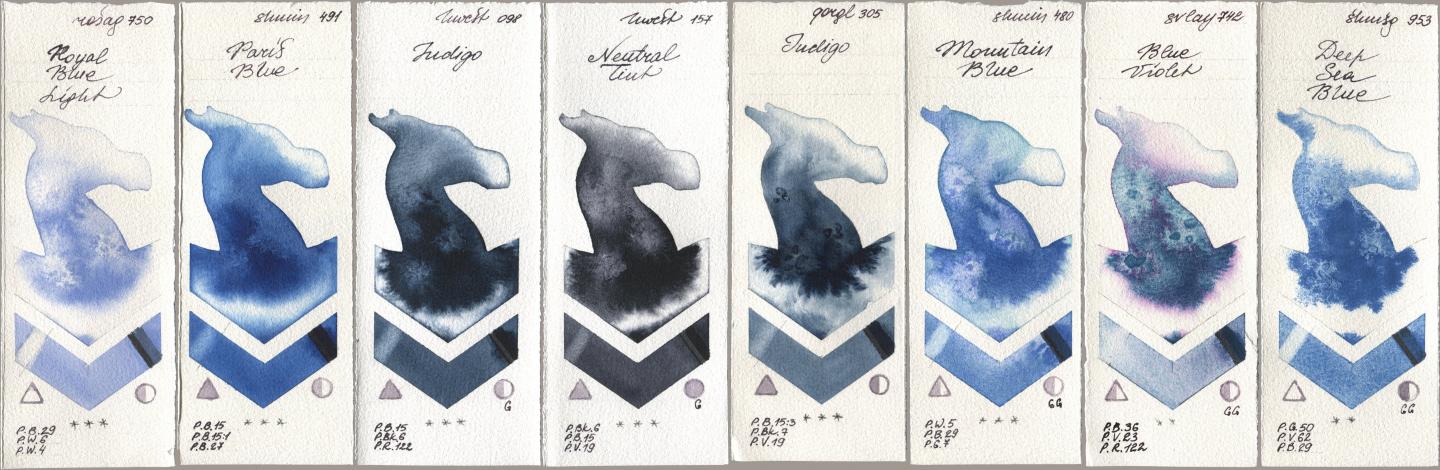 Rosa Gallery 750 Royal Blue Light, Shminke Horadam Aquarell 491 Paris Blue, Holbein Artists Watercolor 098 Indigo, 157 Neutral Tint, Golden QOR 305 Indigo, 480 Mountain Blue, SuperVision 742 Blue Violet, 953 Deep Sea Bl watercolor swatch