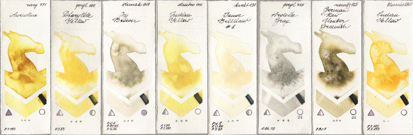 Rosa Gallery 751 Aureoline, Golden QOR 175 Diarylide Yellow, Shminke Akademie Aquarell 917 Icy Brown, Daniel Smith 045 Indian Yellow, Holbein Artists Watercolor 031 Jaune Brilliant No 1, 525 Ardoise Gray, Roman Szmal Aquarius 125 German Raw Umber Greenish, Shminke Horadam Aquarell 220 Indian Yell watercolor swatch
