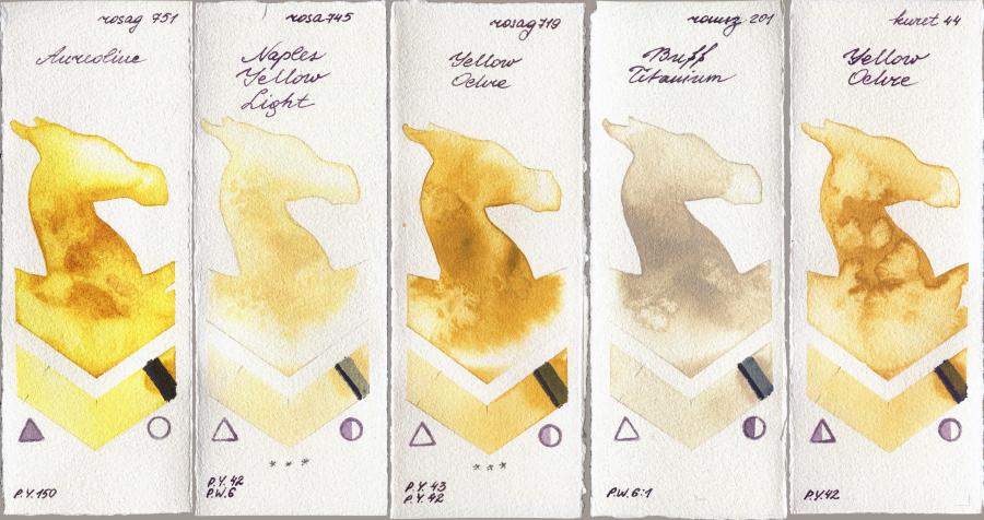 Rosa Gallery 751 Aureoline vs 745 Naples Yellow Light vs 719 Yellow Ochre vs Roman Szmal Aquarius 201 Buff Titanium vs Kuretake Gansai Tambi 44 Yellow Ochre watercolor swatch