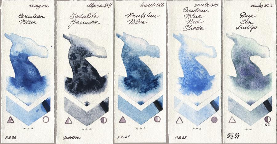 Rosa Gallery 752 Cerulean Blue vs Daniel Smith 179 Sodalite Genuine vs Kuretake Gansai Tambi 066 Prussian Blue vs Sennelier l Aquarelle 305 Cerulean Blue Red Shade vs Shminke Horadam Aquarell 952 Deep Sea Indigo watercolor swatch