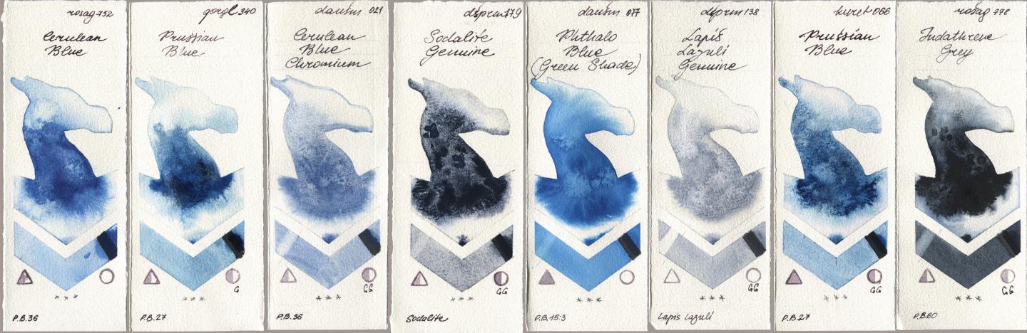 Rosa Gallery 752 Cerulean Blue, Golden QOR 340 Prussian Blue, Daniel Smith 021 Cerulean Blue Chromium, 179 Sodalite Genuine, 077 Phthalo Blue (Green Shade), 138 Lapis Lazuli Genuine, Kuretake Gansai Tambi 066 Prussian Blue, 778 Indanthrene Gr watercolor swatch
