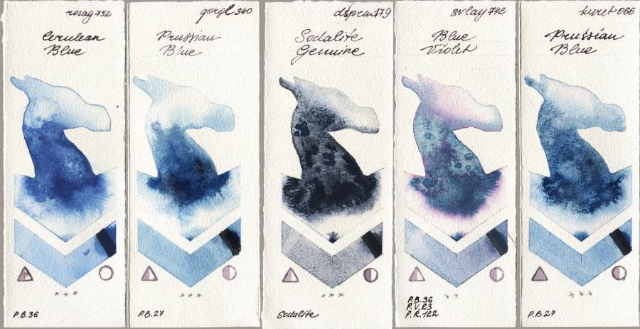 Rosa Gallery 752 Cerulean Blue vs Golden QOR 340 Prussian Blue vs Daniel Smith 179 Sodalite Genuine vs SuperVision 742 Blue Violet vs Kuretake Gansai Tambi 066 Prussian Blue watercolor swatch
