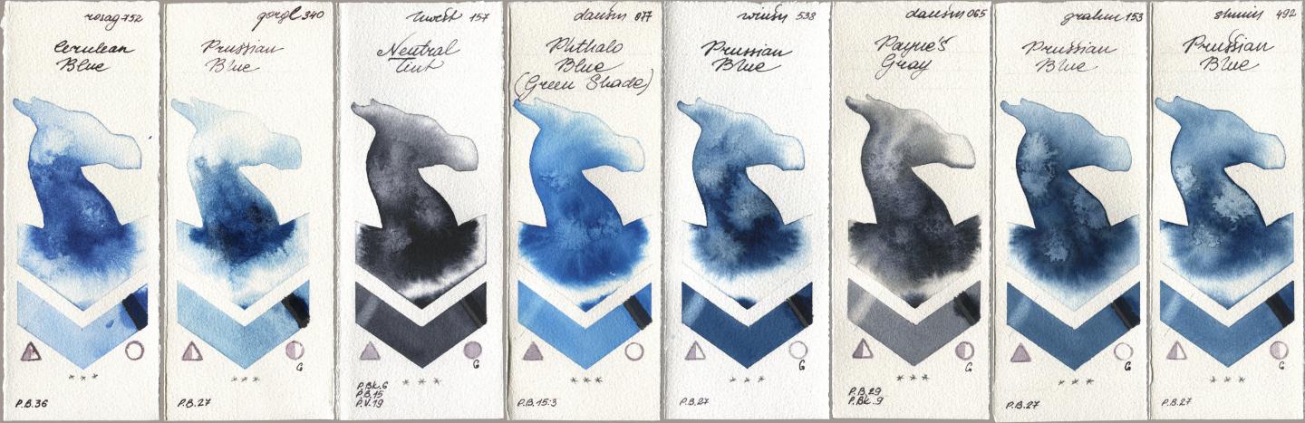 Rosa Gallery 752 Cerulean Blue, Golden QOR 340 Prussian Blue, Holbein Artists Watercolor 157 Neutral Tint, Daniel Smith 077 Phthalo Blue (Green Shade), Winsor & Newton Professional 538 Prussian Blue, 065 Paynes Gray, M. Graham & Co. Artists 153 Prussian Blue, Shminke Horadam Aquarell 492 Prussian Bl watercolor swatch