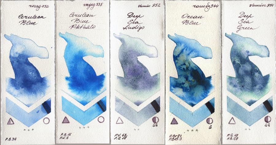 Rosa Gallery 752 Cerulean Blue vs Royal Talens Van Gogh Watercolour 535 Cerulean Blue Phthalo vs Shminke Horadam Aquarell 952 Deep Sea Indigo vs Roman Szmal Aquarius 344 Ocean Blue vs 954 Deep Sea Green watercolor swatch