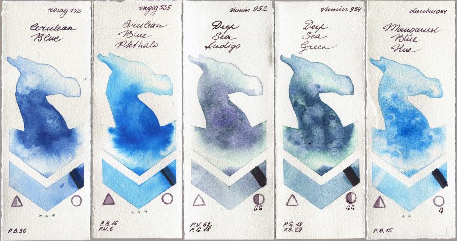Rosa Gallery 752 Cerulean Blue vs Van Gogh Watercolour 535 Cerulean Blue Phthalo vs Shminke Horadam Aquarell 952 Deep Sea Indigo vs 954 Deep Sea Green vs Daniel Smith 051 Manganese Blue Hue watercolor swatch