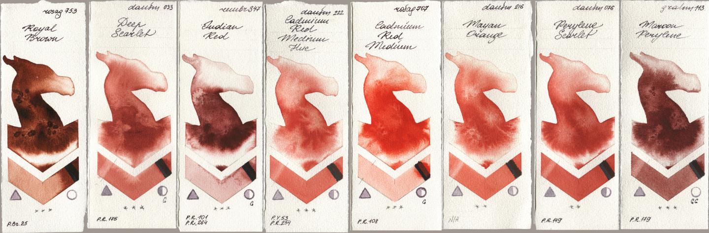 Rosa Gallery 753 Royal Brown, Daniel Smith 033 Deep Scarlet, Royal Talens Rembrandt Watercolour 347 Indian Red, 222 Cadmium Red Medium Hue, 707 Cadmium Red Medium, 216 Mayan Orange, 076 Perylene Scarlet, M. Graham & Co. Artists 113 Maroon Peryle watercolor swatch