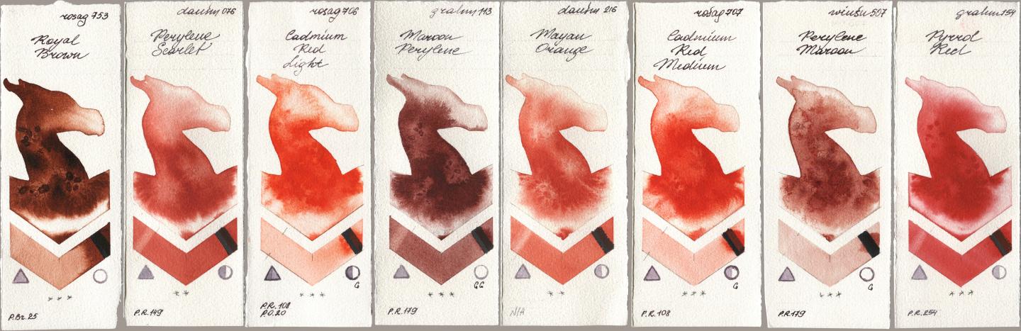 Rosa Gallery 753 Royal Brown, Daniel Smith 076 Perylene Scarlet, 706 Cadmium Red Light, M. Graham & Co. Artists 113 Maroon Perylene, 216 Mayan Orange, 707 Cadmium Red Medium, Winsor & Newton Professional 507 Perylene Maroon, 154 Pyrrol R watercolor swatch
