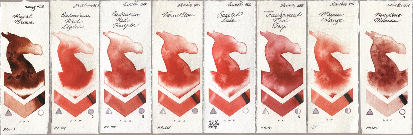 Rosa Gallery 753 Royal Brown, M. Graham & Co. Artists 050 Cadmium Red Light, Holbein Artists Watercolor 017 Cadmium Red Purple, Shminke Horadam Aquarell 365 Vermilion, 022 Scarlet Lake, 355 Transparent Red Deep, Daniel Smith 216 Mayan Orange, Winsor & Newton Professional 507 Perylene Maro watercolor swatch