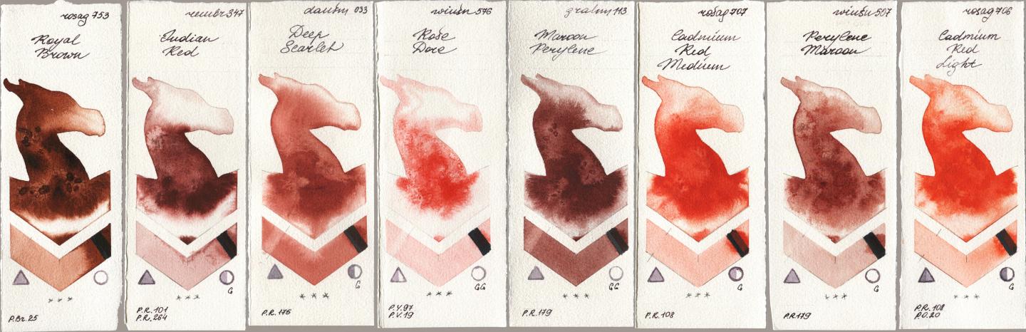 Rosa Gallery 753 Royal Brown, Royal Talens Rembrandt Watercolour 347 Indian Red, Daniel Smith 033 Deep Scarlet, Winsor & Newton Professional 576 Rose Dore, M. Graham & Co. Artists 113 Maroon Perylene, 707 Cadmium Red Medium, 507 Perylene Maroon, 706 Cadmium Red Lig watercolor swatch