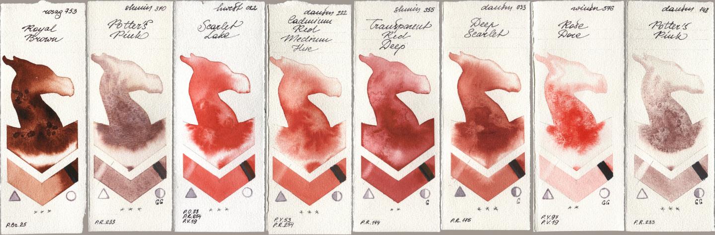 Rosa Gallery 753 Royal Brown, Shminke Horadam Aquarell 370 Potters Pink, Holbein Artists Watercolor 022 Scarlet Lake, Daniel Smith 222 Cadmium Red Medium Hue, 355 Transparent Red Deep, 033 Deep Scarlet, Winsor & Newton Professional 576 Rose Dore, 148 Potters Pi watercolor swatch
