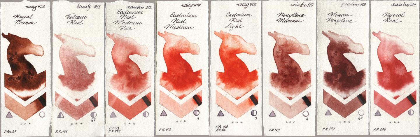 Rosa Gallery 753 Royal Brown, Shminke Horadam Aquarell 913 Volcano Red, Daniel Smith 222 Cadmium Red Medium Hue, 707 Cadmium Red Medium, 706 Cadmium Red Light, Winsor & Newton Professional 507 Perylene Maroon, M. Graham & Co. Artists 113 Maroon Perylene, 084 Pyrrol R watercolor swatch