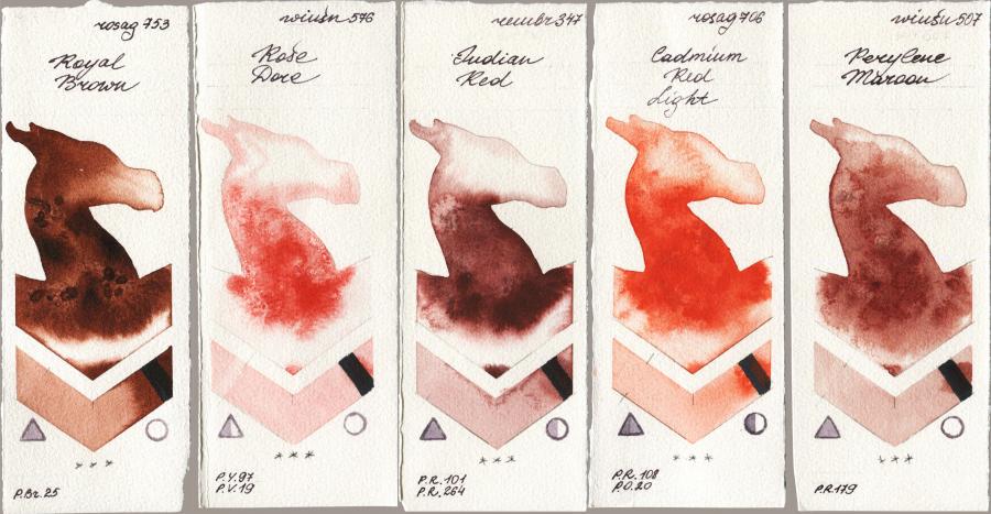 Rosa Gallery 753 Royal Brown vs Winsor & Newton Professional 576 Rose Dore vs Royal Talens Rembrandt Watercolour 347 Indian Red vs 706 Cadmium Red Light vs 507 Perylene Maroon watercolor swatch