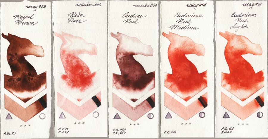 Rosa Gallery 753 Royal Brown vs Winsor & Newton Professional 576 Rose Dore vs Royal Talens Rembrandt Watercolour 347 Indian Red vs 707 Cadmium Red Medium vs 706 Cadmium Red Light watercolor swatch