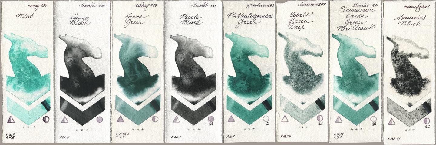 Rosa Gallery 754 Mint, Holbein Artists Watercolor 140 Lamp Black, 767 Azure Green, 137 Peach Black, M. Graham & Co. Artists 150 Phthalocyanine Green, Daniel Smith 258 Cobalt Green Deep, Shminke Horadam Aquarell 511 Chromium Oxide Green Brilliant, Roman Szmal Aquarius 247 Aquarius Bla watercolor swatch