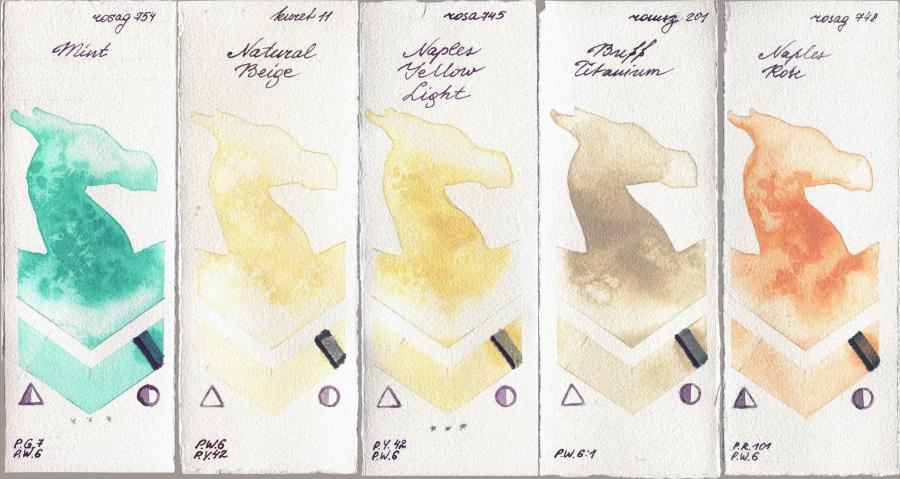 Rosa Gallery 754 Mint vs Kuretake Gansai Tambi 11 Natural Beige vs 745 Naples Yellow Light vs Roman Szmal Aquarius 201 Buff Titanium vs 748 Naples Rose watercolor swatch