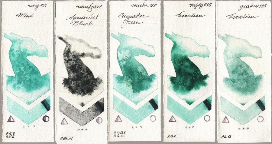 Rosa Gallery 754 Mint vs Roman Szmal Aquarius 247 Aquarius Black vs Winsor & Newton Professional 420 Cinnabar Green vs Royal Talens Van Gogh Watercolour 616 Viridian vs M. Graham & Co. Artists 195 Viridian watercolor swatch