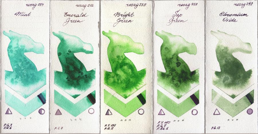 Rosa Gallery 754 Mint vs 712 Emerald Green vs 739 Bright Green vs 728 Sap Green vs 743 Chromium Oxide watercolor swatch