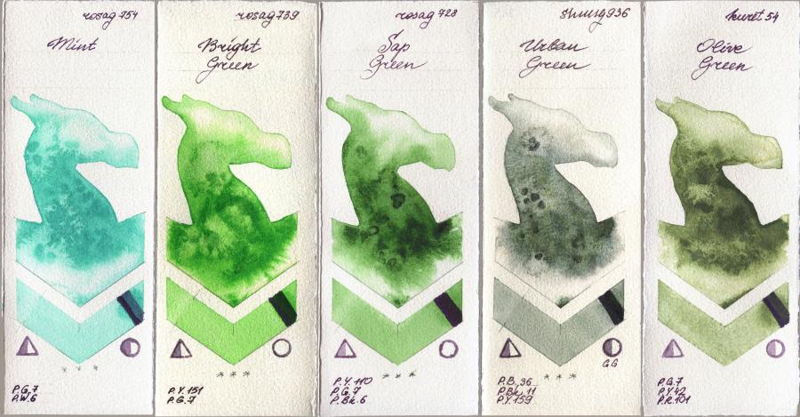 Rosa Gallery 754 Mint vs 739 Bright Green vs 728 Sap Green vs Shminke Horadam Aquarell 936 Urban Green vs Kuretake Gansai Tambi 54 Olive Green watercolor swatch