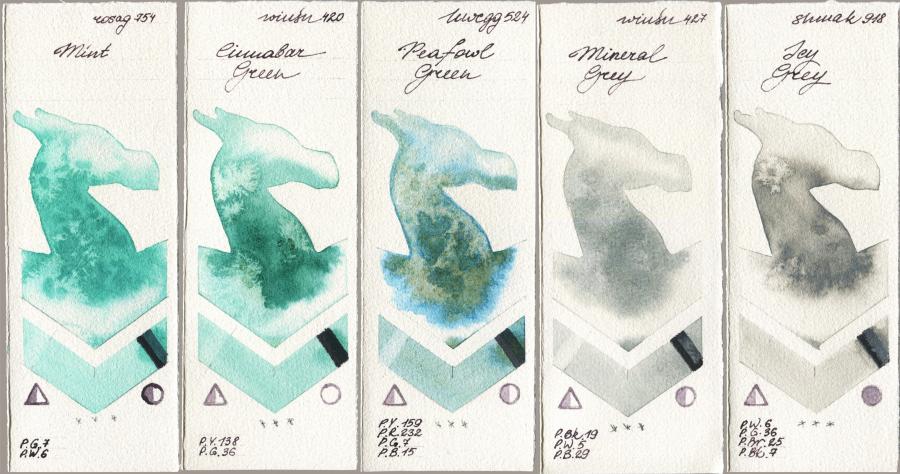 Rosa Gallery 754 Mint vs Winsor & Newton Professional 420 Cinnabar Green vs Holbein Artists Watercolor 524 Peafowl Green vs 427 Mineral Grey vs Shminke Akademie Aquarell 918 Icy Grey watercolor swatch