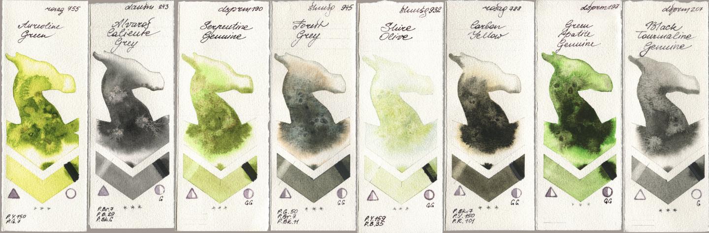 Rosa Gallery 755 Aureoline Green, Daniel Smith 243 Alvaros Caliente Grey, 190 Serpentine Genuine, Shminke Horadam Aquarell 945 Forest Grey, 932 Shire Olive, 788 Carbon Yellow, 197 Green Apatite Genuine, 207 Black Tourmaline Genui watercolor swatch