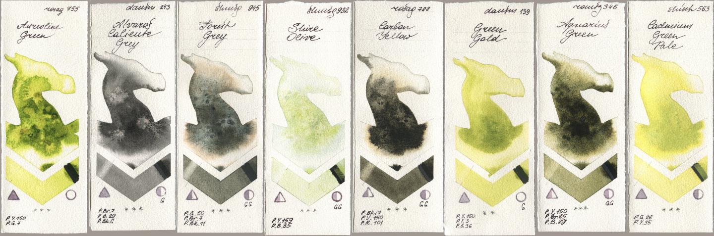 Rosa Gallery 755 Aureoline Green, Daniel Smith 243 Alvaros Caliente Grey, Shminke Horadam Aquarell 945 Forest Grey, 932 Shire Olive, 788 Carbon Yellow, 139 Green Gold, Roman Szmal Aquarius 346 Aquarius Green, Shinhan PWC 563 Cadmium Green Pa watercolor swatch