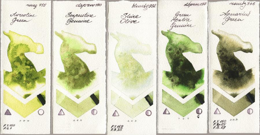 Rosa Gallery 755 Aureoline Green vs Daniel Smith 190 Serpentine Genuine vs Shminke Horadam Aquarell 932 Shire Olive vs 197 Green Apatite Genuine vs Roman Szmal Aquarius 346 Aquarius Green watercolor swatch