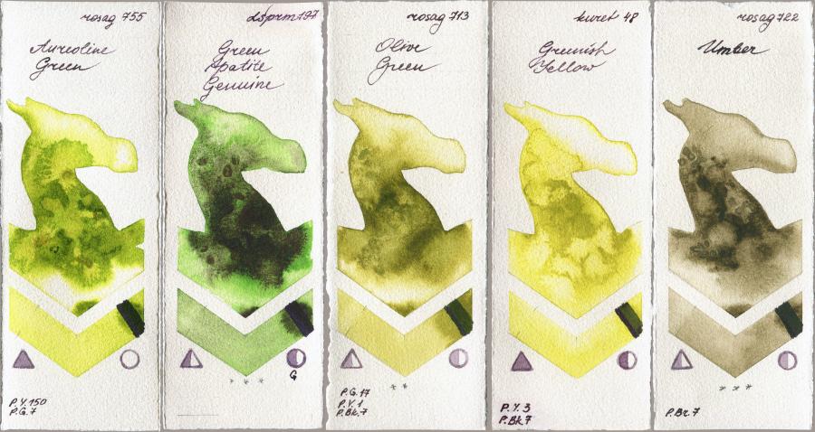 Rosa Gallery 755 Aureoline Green vs Daniel Smith 197 Green Apatite Genuine vs 713 Olive Green vs Kuretake Gansai Tambi 48 Greenish Yellow vs 722 Umber watercolor swatch