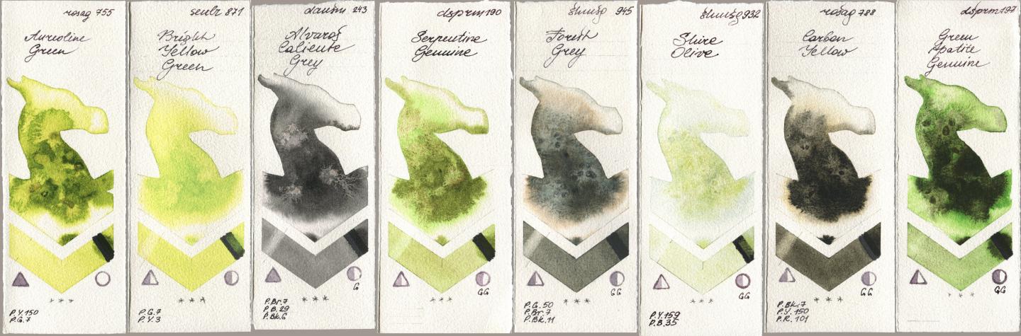 Rosa Gallery 755 Aureoline Green, Sennelier l Aquarelle 871 Bright Yellow Green, Daniel Smith 243 Alvaros Caliente Grey, 190 Serpentine Genuine, Shminke Horadam Aquarell 945 Forest Grey, 932 Shire Olive, 788 Carbon Yellow, 197 Green Apatite Genui watercolor swatch